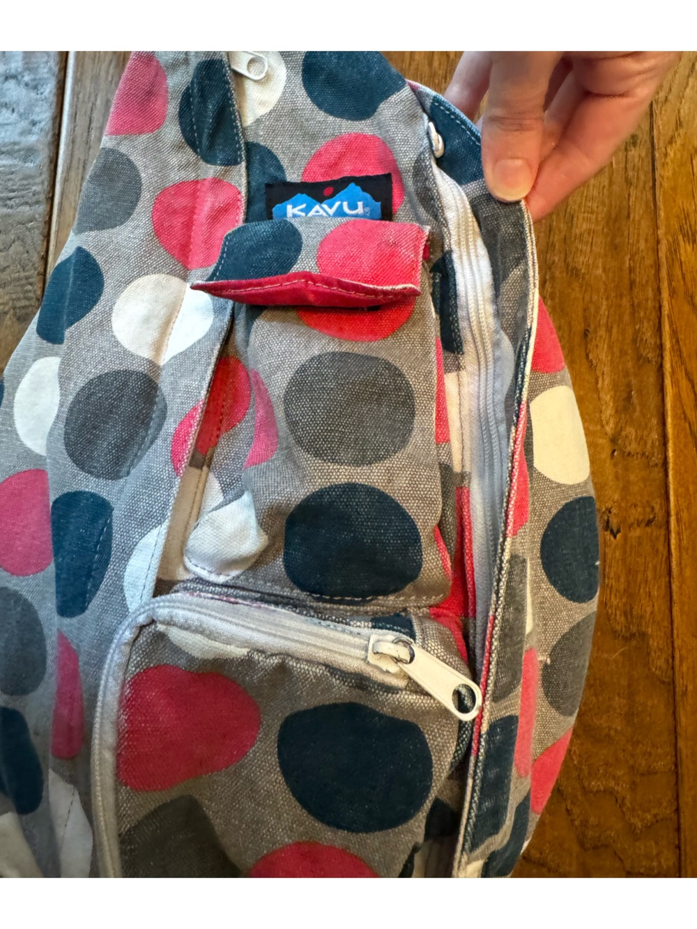 Kavu Rope Bag Polka Dots Pink Navy Gray sling backpack - Picture 10 of 16